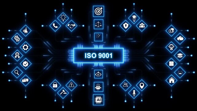 ISO 9001 quality management system. Process diagram with business men and women. with neon toolbox any item use for animation