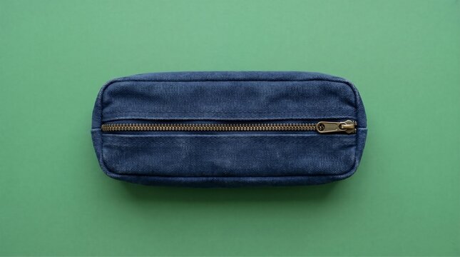 Blue denim pencil case with a brass zipper presented in a flat lay on a vibrant green background ideal for organizing school supplies cosmetics or small personal items
