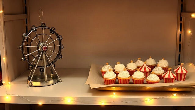Ferris wheel ornament with carnival flags and miniature funnel cakes on shelf, fair themed retail display concept