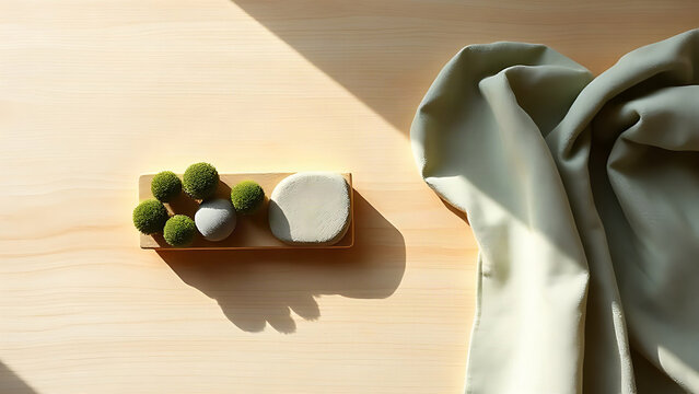 Stone dividing moss spheres and sage linen on desk, nature therapy and healthcare concept