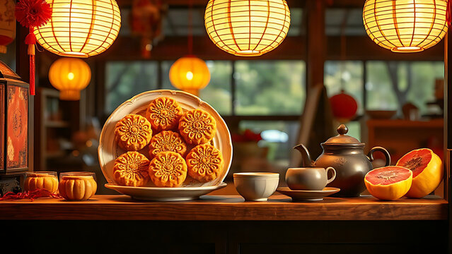 Mooncakes, teapot, cups, pomelo fruit and paper lanterns on wooden shelf, Mid-Autumn Festival retail display