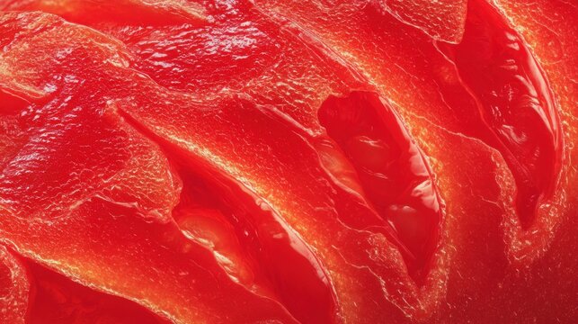 Extreme macro texture of juicy red bell pepper flesh showing glossy cellular structure and vibrant scarlet gradients, saturated colors, premium food