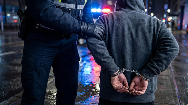 Police arresting suspect in handcuffs at night on a wet city street with flashing lights