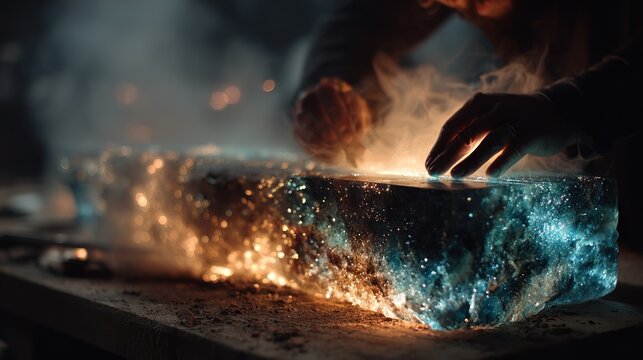 Welding sparks fly in darkness.