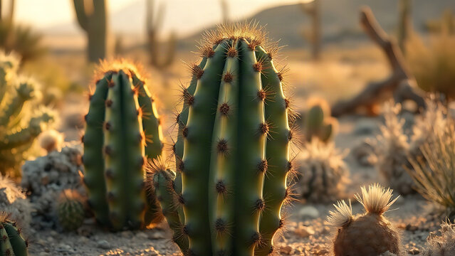 Plump water-storing cactus in desert landscape, golden hour sunlight enhancing form.