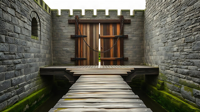 Medieval castle entrance with lowered drawbridge and stone moat, historical architecture concept