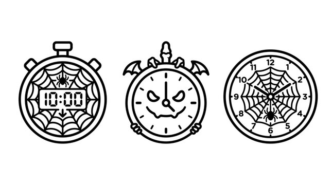 Halloween theme time icon set featuring spiders and cobwebs line art design halloween stopwatch illustration minimalist abstract iconography geometry collection chronometer horrific