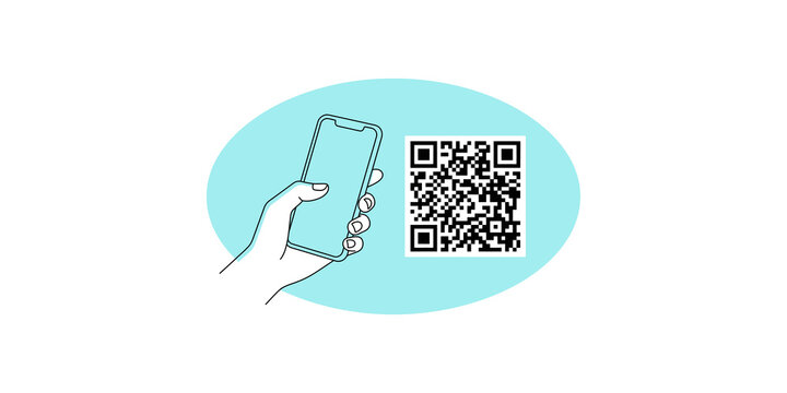 Hand holding smartphone scanning QR code for online payment and access.