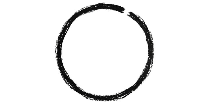 Grungy black circle frame with textured charcoal brush strokes on transparent background.