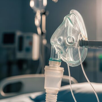 Transparent oxygen mask with clear tubing connected to medical equipment in a hospital setting
