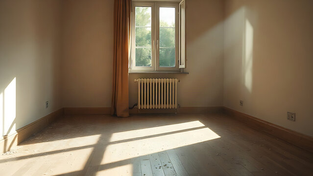 Vacated apartment room with sunbeams and dust motes on the floor.