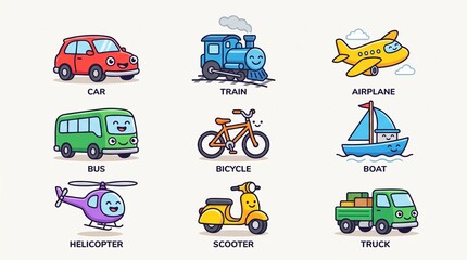 Naklejka premium Cute colorful cartoon vehicle collection featuring various transportation modes for kids learning