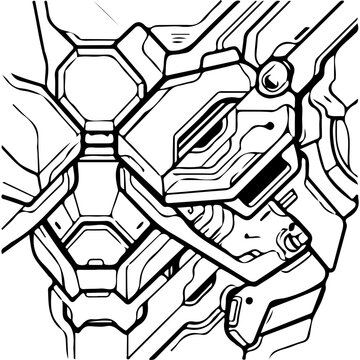 Futuristic mecha armor line art, robotic exoskeleton plating vector, sci-fi mechanical detail for coloring or gaming assets