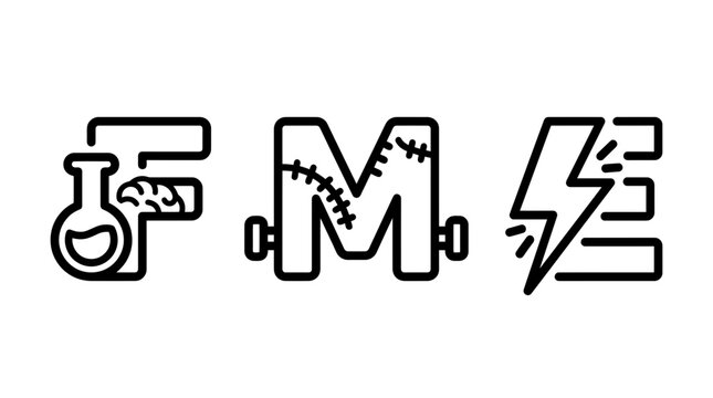 Science horror typography fme with frankenstein monster and electricity alphabet typography frankenstein electricity lightning lettering monochrome isolated illustration creature chemistry