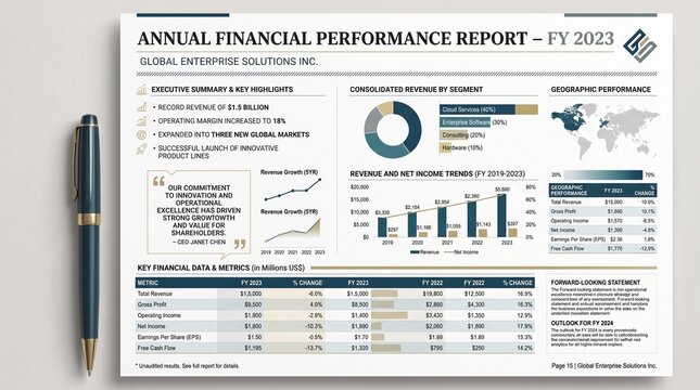 Professional corporate workflow visualization and financial data report sheet on desk