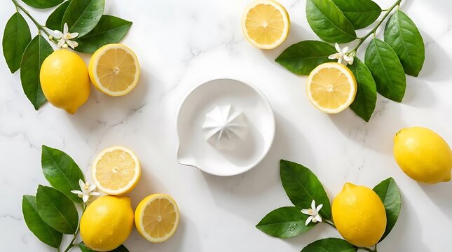 Lemons and citrus juicer on marble kitchen surface.