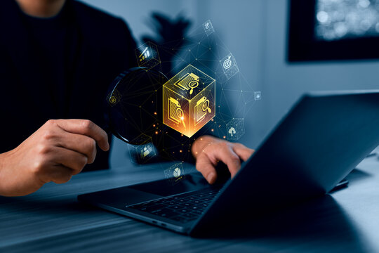 Digital document management concept with professional reviewing virtual document analytics cube over laptop showing file search workflow automation and business data network