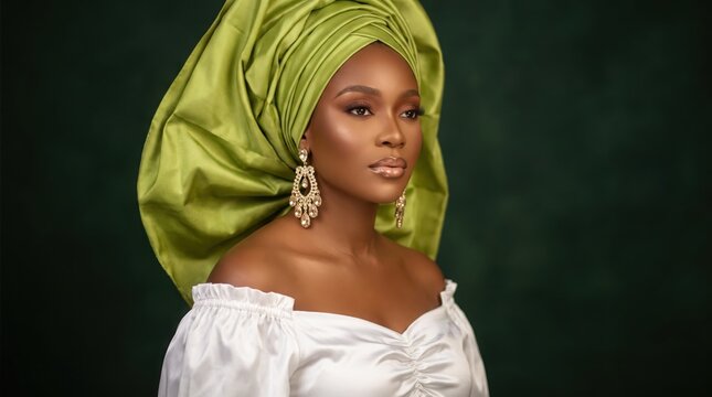 Portrait of a beautiful african woman wearing a traditional green gele headwrap and elegant white offshoulder top
