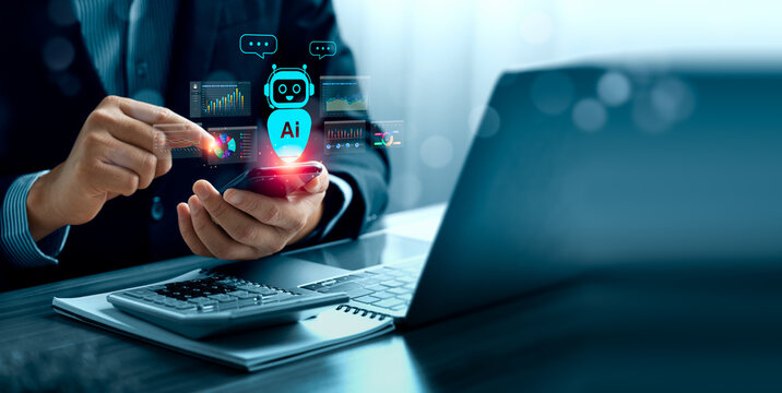 AI financial analytics concept with business professional using smartphone beside laptop and calculator showing chatbot assistant data dashboard automation and performance forecast