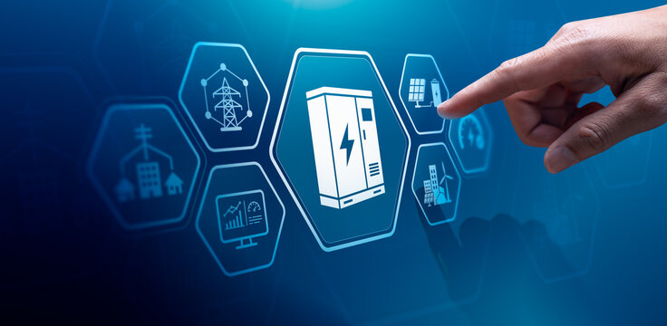 Smart grid and battery storage concept with hand touching digital power cabinet interface showing renewable energy management solar electricity network and sustainable infrastructure