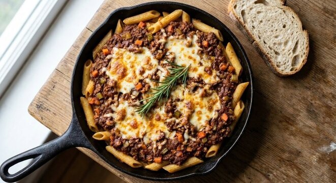 Penne Pasta with Bolognese Sauce in Cast Iron Skillet on Wooden Board
Penne com molho &agrave; bolonhesa em frigideira de ferro fundido sobre t&aacute;bua de madeira