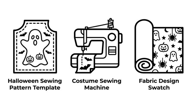 Halloween sewing project icons including costume pattern and fabric swatch with halloween illustration template seasonal celebration creative needlework material minimalist clothing