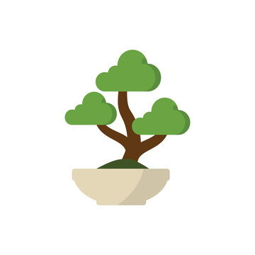 Stylized Flat Vector Bonsai Tree in Beige Ceramic Pot Icon for Zen and Wellness Design