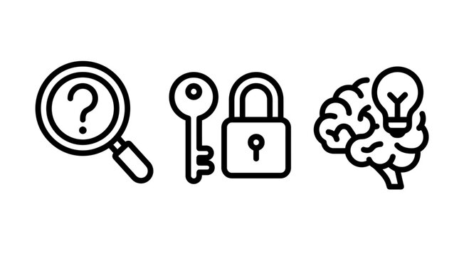 Set of business and intelligence icons including a magnifying glass lock and key brain with a lightbulb magnifying lightbulb innovation intelligence security analysis investigation