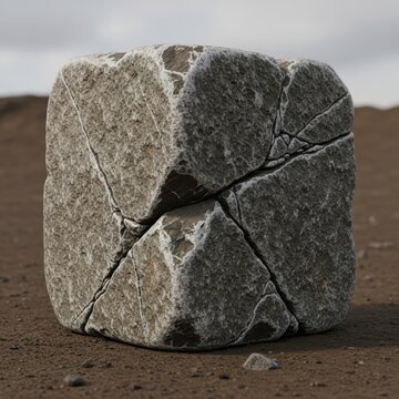 Rough hewn cracked granite block resting on earthy ground, showcasing natural weathered texture