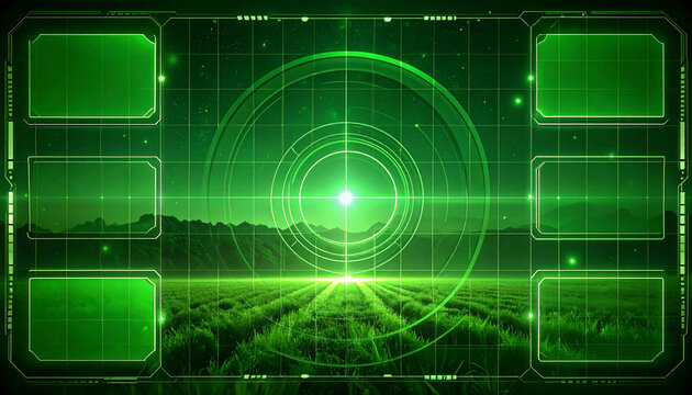 Futuristic green radar screen with a field of crops and mountains in the background, technology concept