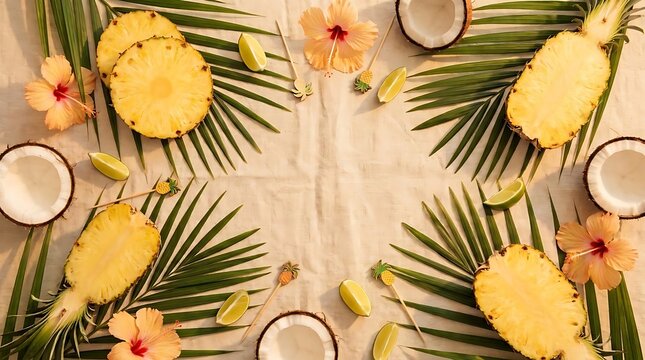 Tropical pineapple and coconut with hibiscus floral border.