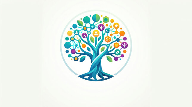 Digital community tree icon representing social networking and global connectivity.