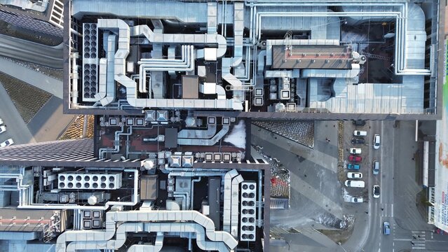 Outdoor air conditioning units and pipelines rooftop