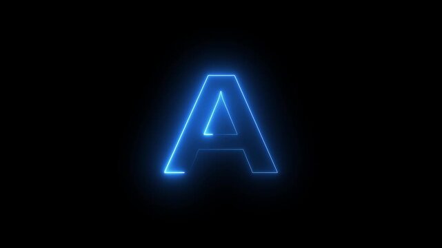 Glowing Blue neon letter A animation on dark background, fiery fiery glowing outline capital alphabet character for futuristic UI, typography title, cyber graphic element, illuminated light text