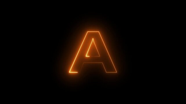 Glowing orange neon letter A animation on dark background, fiery fiery glowing outline capital alphabet character for futuristic UI, typography title, cyber graphic element, illuminated light text