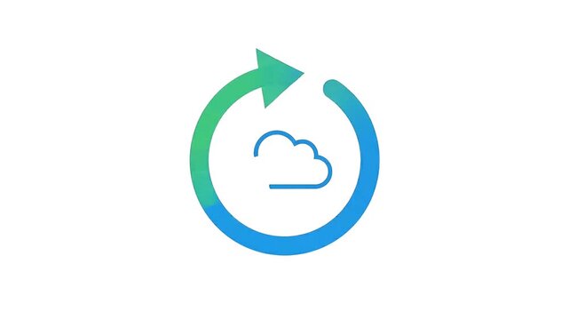 a blue cloud icon in a rotating arrow circle that transforms into a green checkmark on white
