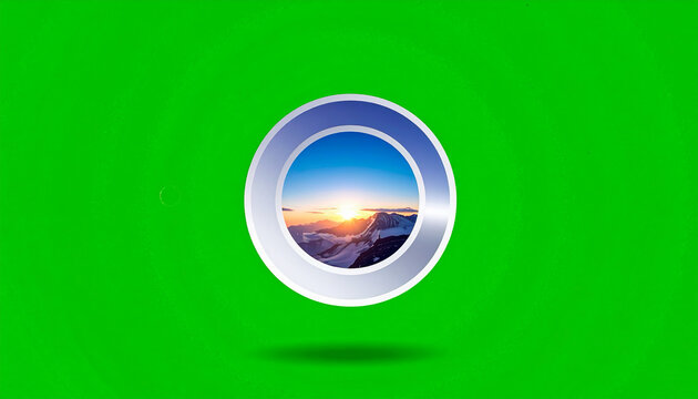 Sunrise over mountain range landscape inside a circular frame with green background, nature concept