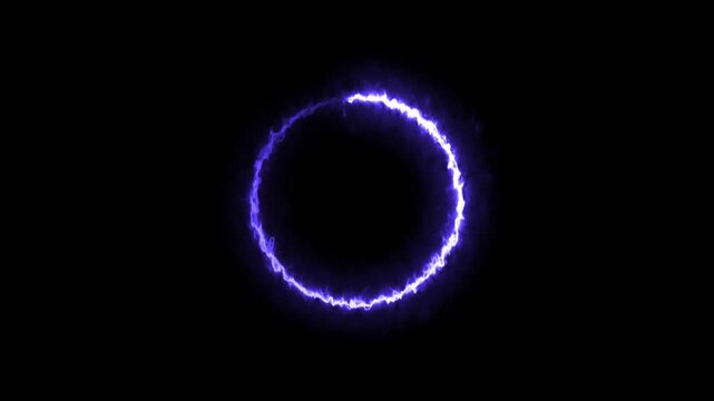 Glowing blue electric energy ring animation with plasma shockwave portal effect, burning neon circle lightning loop on dark background for sci-fi HUD, magic portal, power burst, energy frame