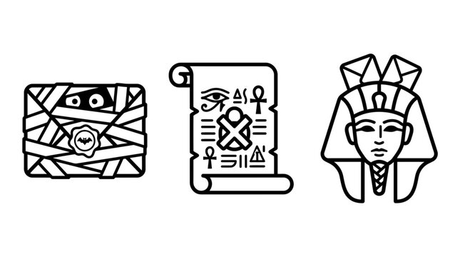 Set of ancient egyptian mythology icons featuring a mummy a papyrus scroll with hieroglyphs a pharaoh mask with decorative elements egyptian hieroglyphs mythology archaeology civilization
