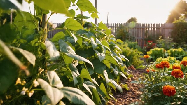 Organic Garden Harvest Fresh Green Beans Growing on Vine in Sunlight