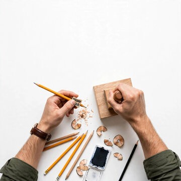 Minimalist artist workspace with wooden rubber stamp and pencils, overhead view of hands sharpening pencils on white background