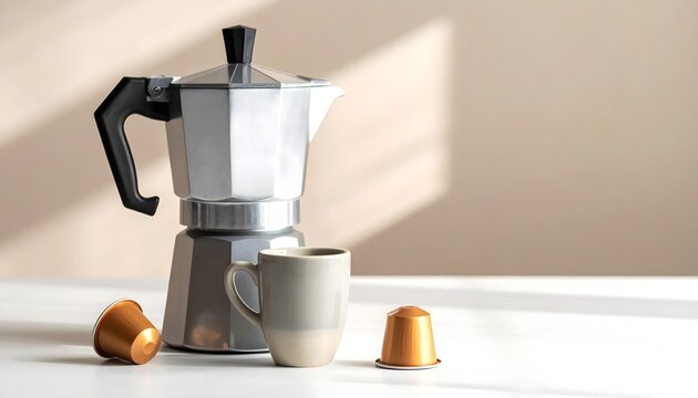 Cafetera italiana con taza y c&aacute;psula de caf&eacute; sobre una superficie clara iluminada por luz natural
