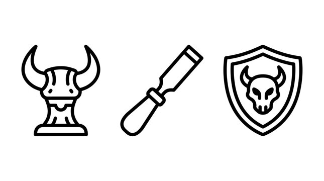 Viking themed icons set featuring horned helmet wood chisel and bull shield scandinavian medieval illustration woodworking strength mythology tradition heritage historical protection