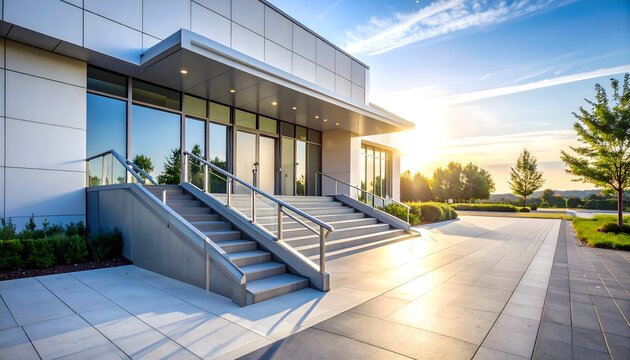Entrada accesible de edificio moderno con escaleras, rampa y barandillas met&aacute;licas en un entorno urbano luminoso