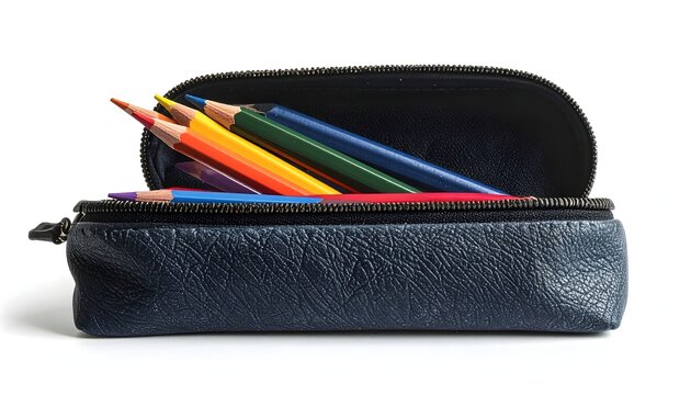 Estuche escolar abierto con l&aacute;pices de colores sobre fondo blanco
