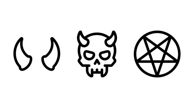 Set of three linear icons including devil horns demon skull pentagram symbol for occult or heavy metal design pentagram mystical esoteric minimalist illustration halloween supernatural