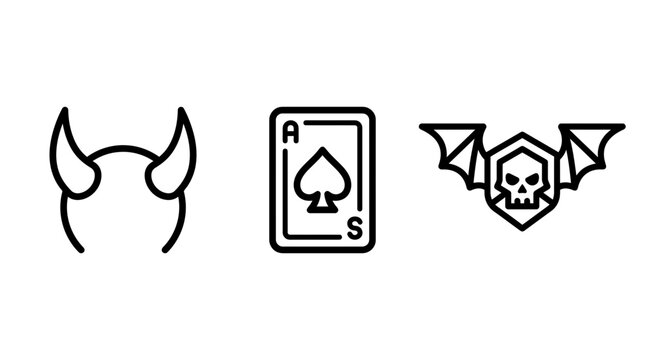Set of line art icons depicting devil horns headband ace of spades playing card skull with bat wings minimalist gambling halloween supernatural creature illustration creative mystical