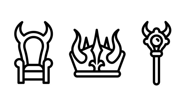Set of fantasy icons representing horned throne royal crown and magical scepter with graphics medieval mystical monochrome isolated illustration artifacts esoteric enchanted sorcerer