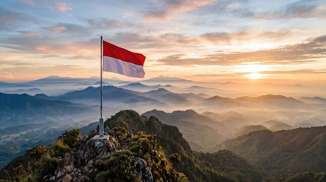 Indonesian flag waving proudly on a mountain peak at sunrise