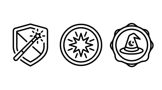 Fantasy line art icons featuring magic shield and wizard hat starburst mystical graphics collection adventure enchantment celestial spiritual witchcraft wizardry imagination creative
